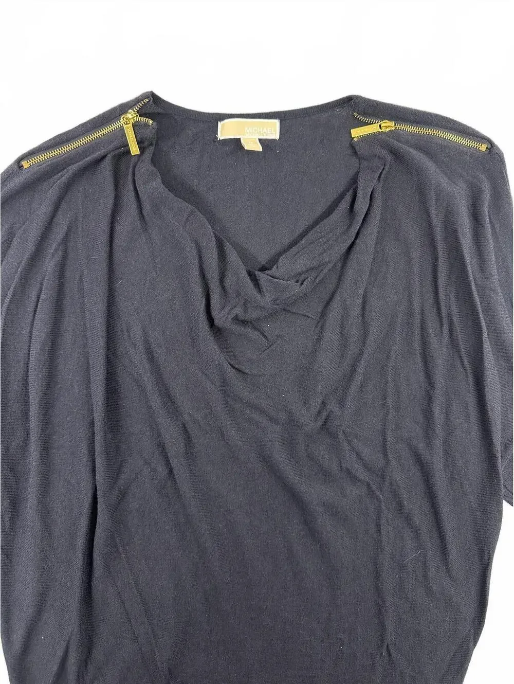 Michael Kors Navy Sweater with Draped Neckline and Gold Zipper Shoulder Accents